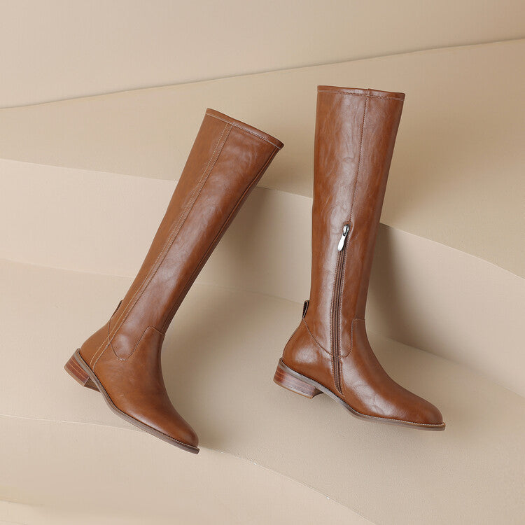 Cowhide Low-Heel Knee-High Boots