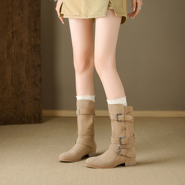 Retro Suede Mid - Calf Boots with Belt Buckles