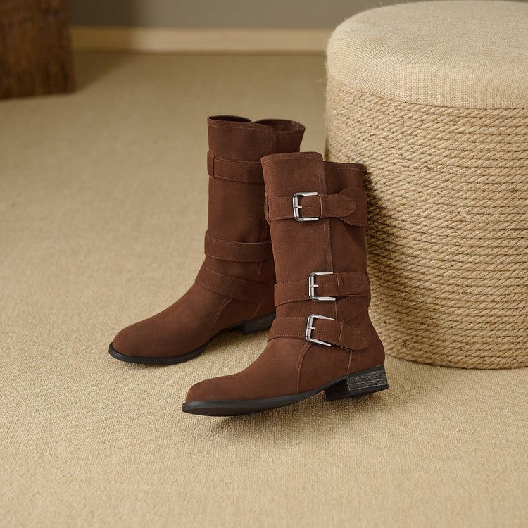 Retro Suede Mid - Calf Boots with Belt Buckles
