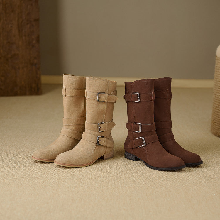 Retro Suede Mid - Calf Boots with Belt Buckles