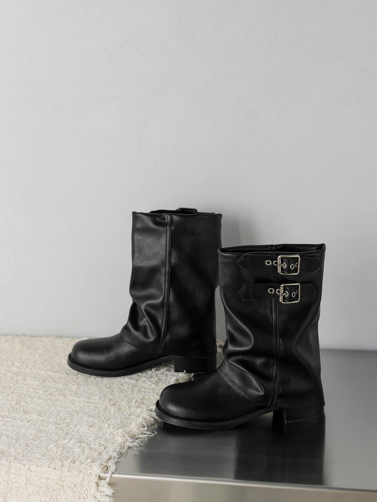 British - Style Ruched Buckle Mid - Calf Boots