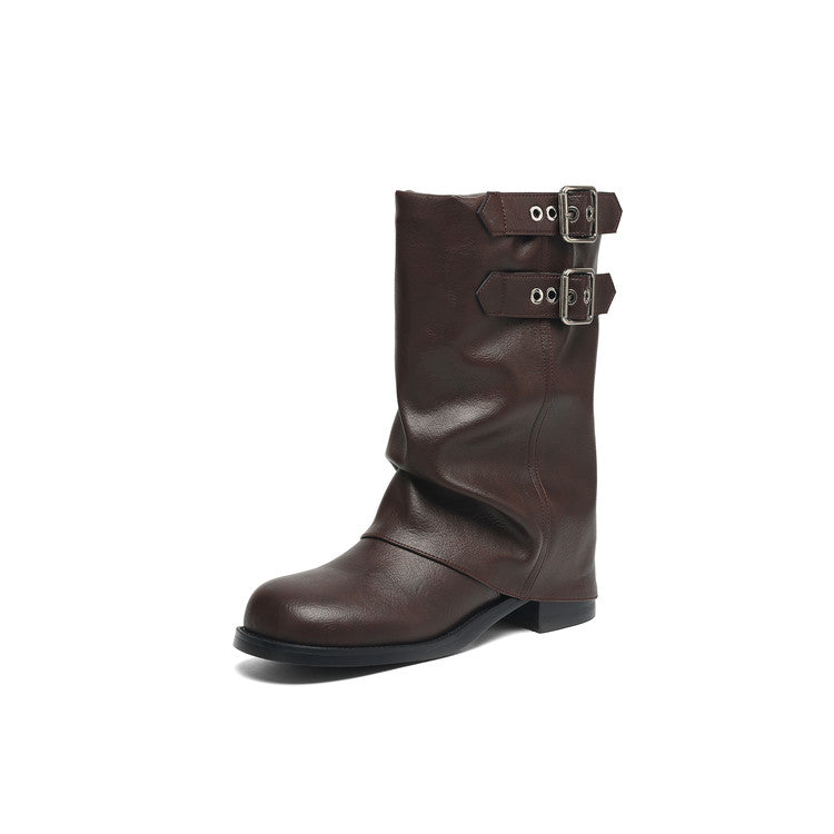British - Style Ruched Buckle Mid - Calf Boots
