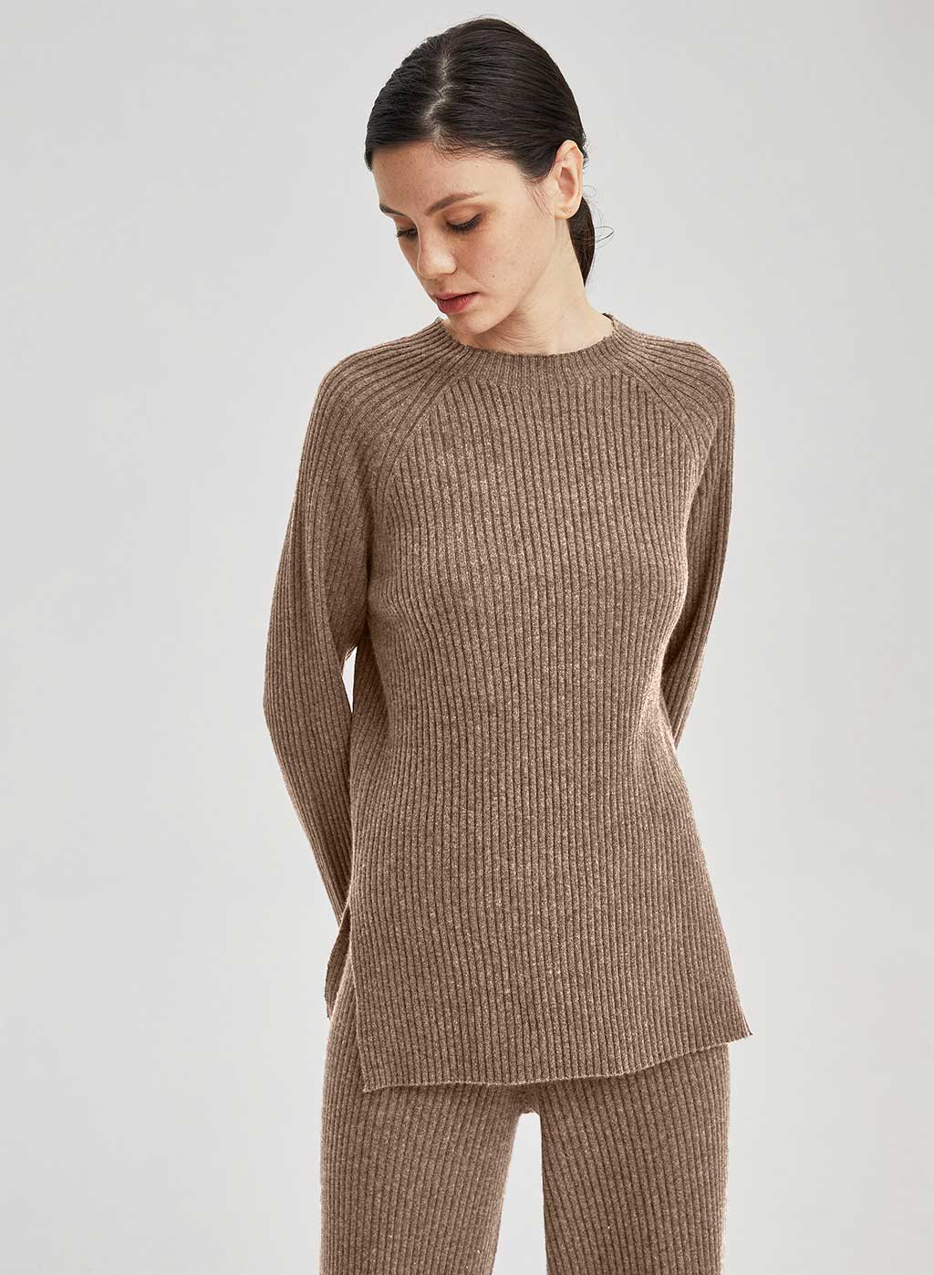 Cashmere Rib-Knit Crew Neck Pullover