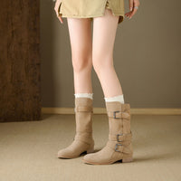 Retro Suede Mid - Calf Boots with Belt Buckles
