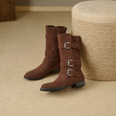 Retro Suede Mid - Calf Boots with Belt Buckles