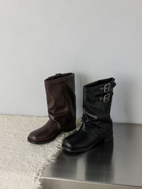 British - Style Ruched Buckle Mid - Calf Boots