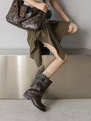 British - Style Ruched Buckle Mid - Calf Boots