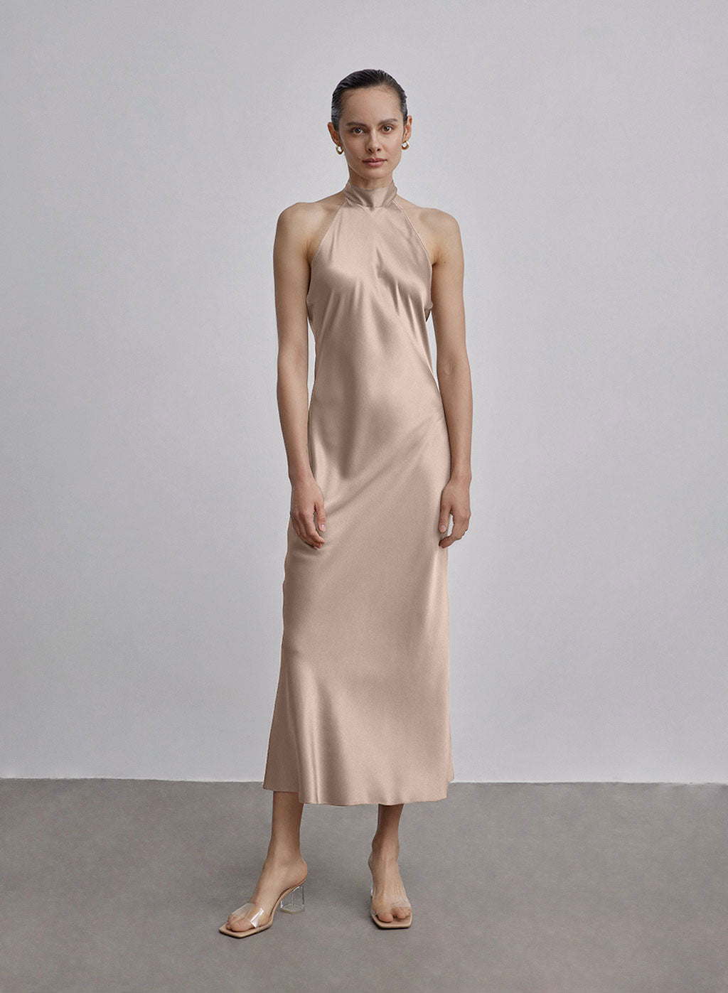 French Bow Halterneck Silk Maxi Dress