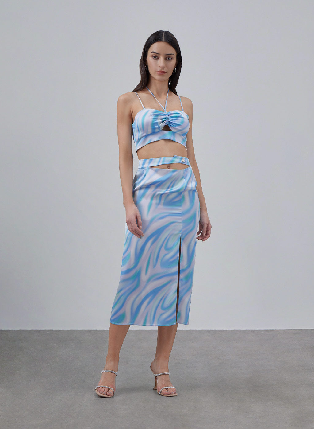 Cut-out Front Slit Silk Midi Skirt