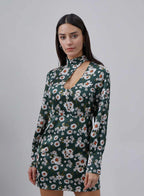 Asymmetric Cut-Out Long Sleeve Silk Mini Dress