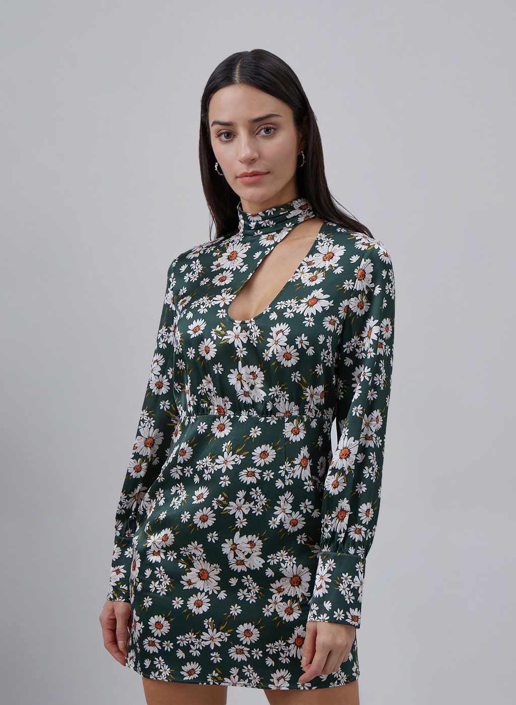 Asymmetric Cut-Out Long Sleeve Silk Mini Dress