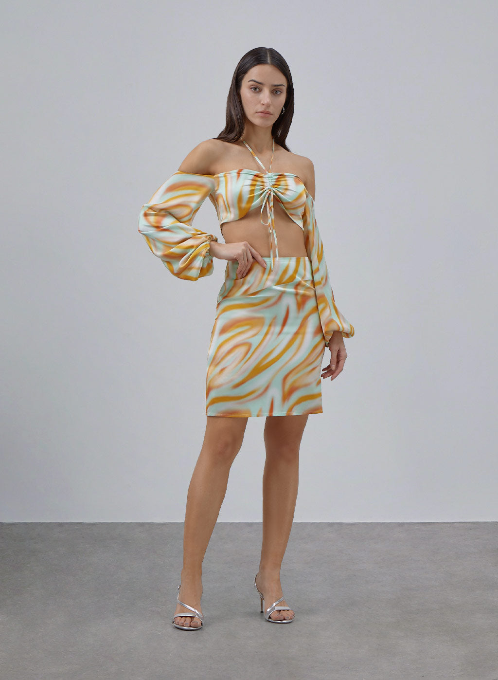 Off-the-shoulder Lantern Cuff Silk Blouse