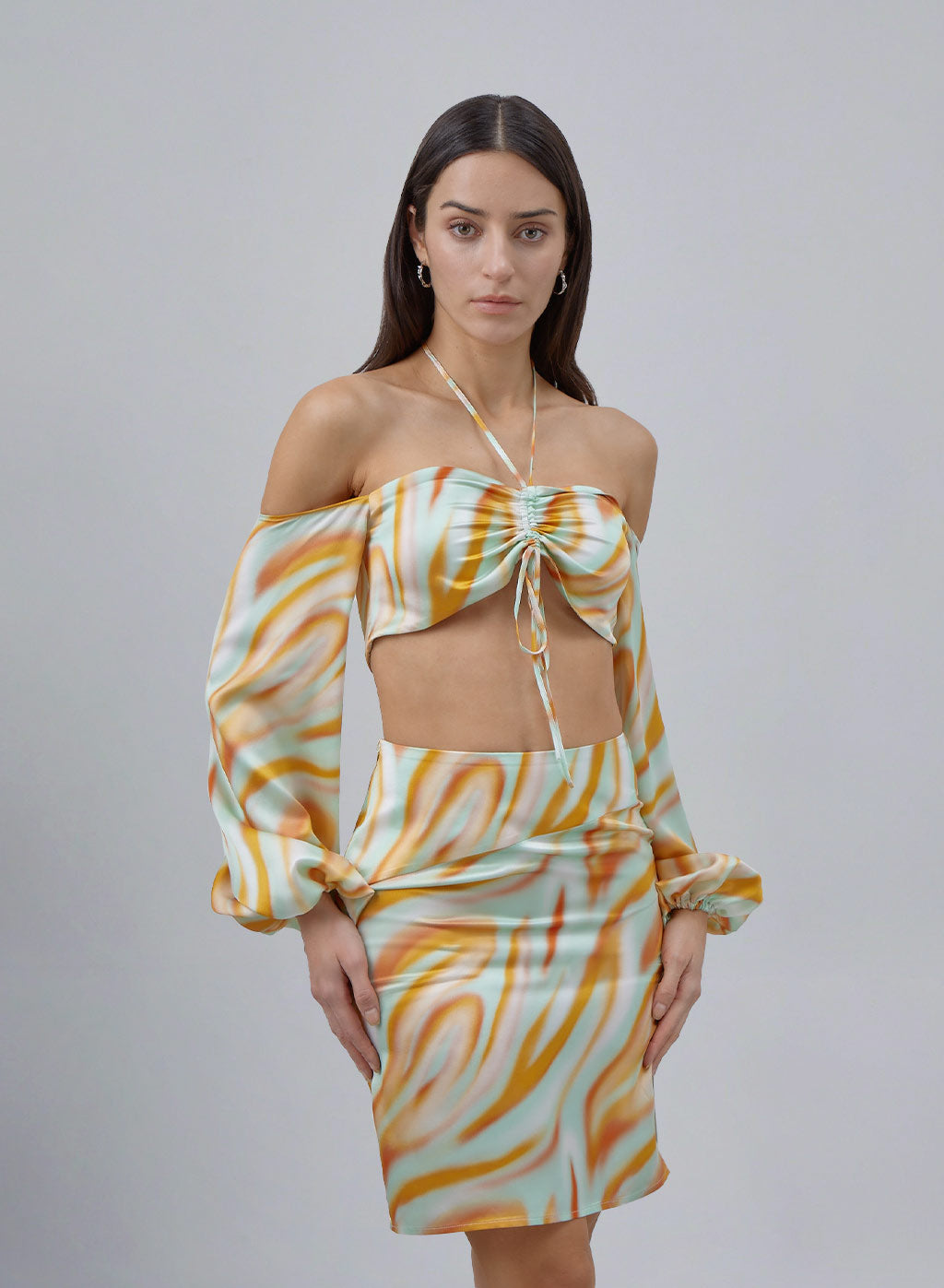 Off-the-shoulder Lantern Cuff Silk Blouse