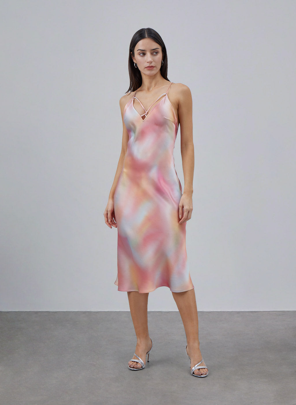 V-neck Cross Strap Midi Silk Slip Dress