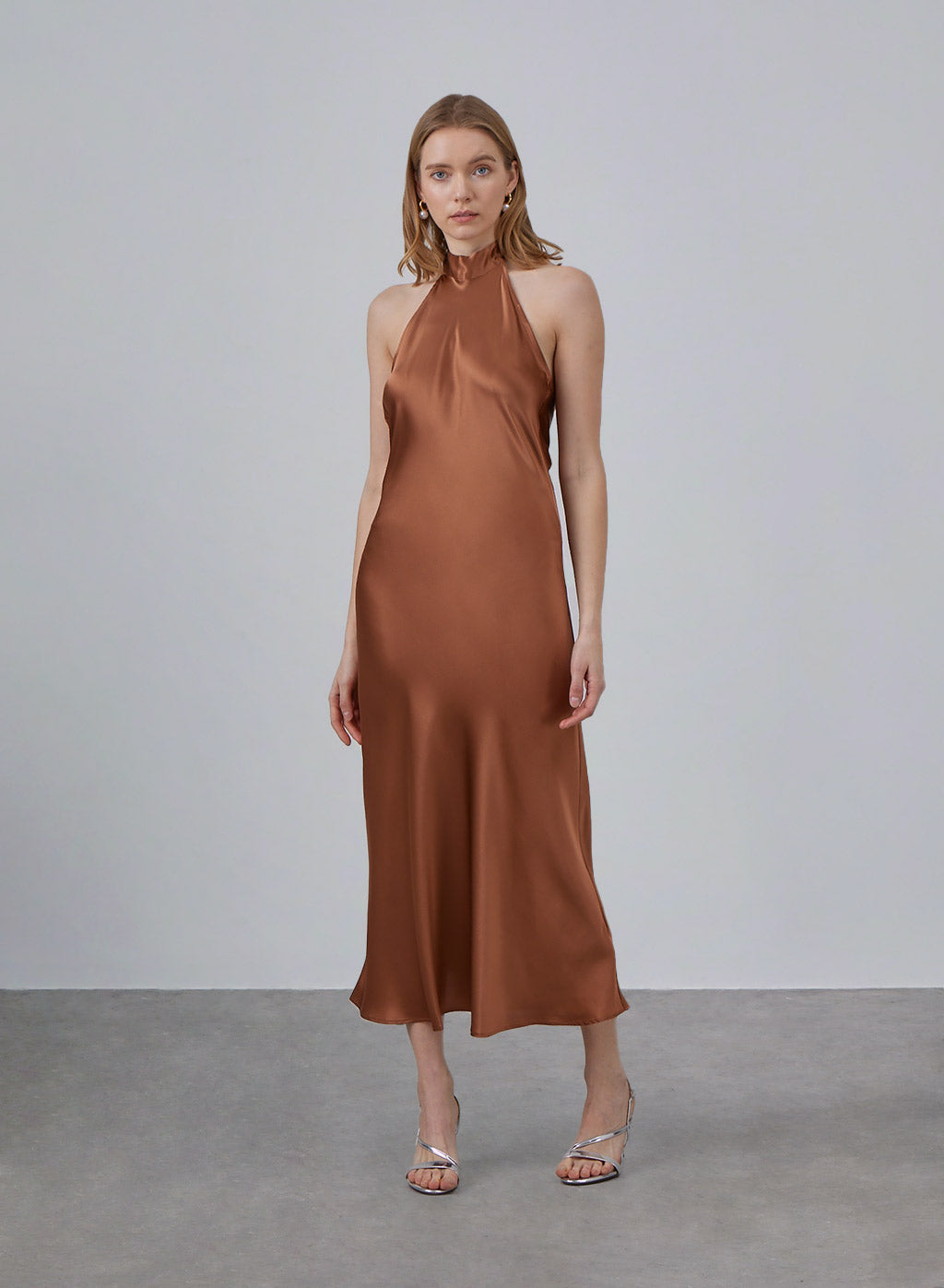 French Bow Halterneck Silk Maxi Dress