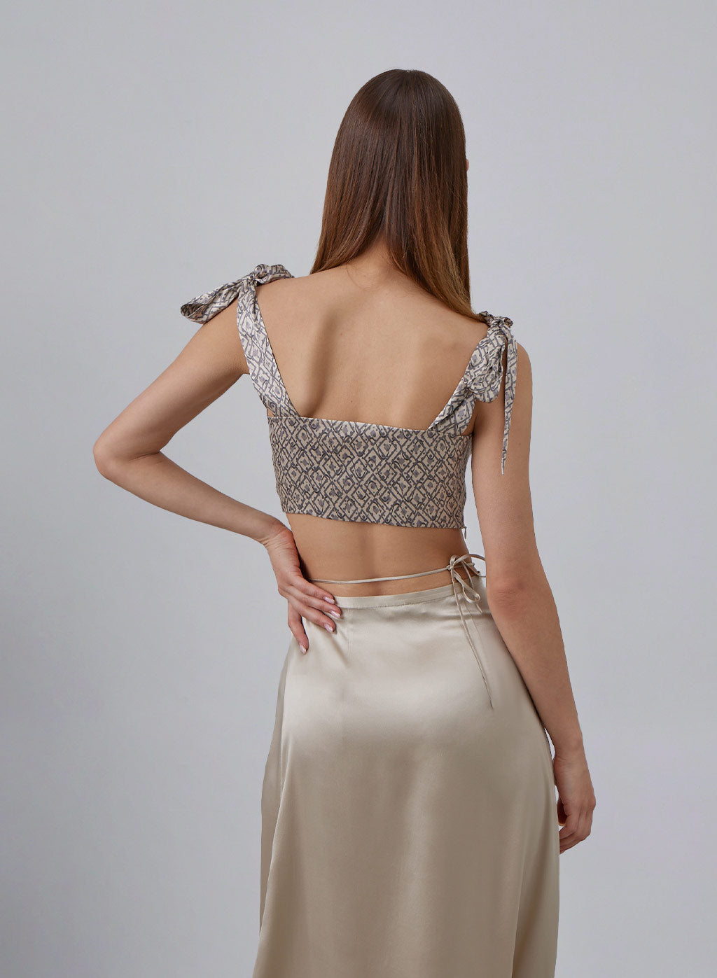 Geometric Print Tie-Strap Silk Cropped Top