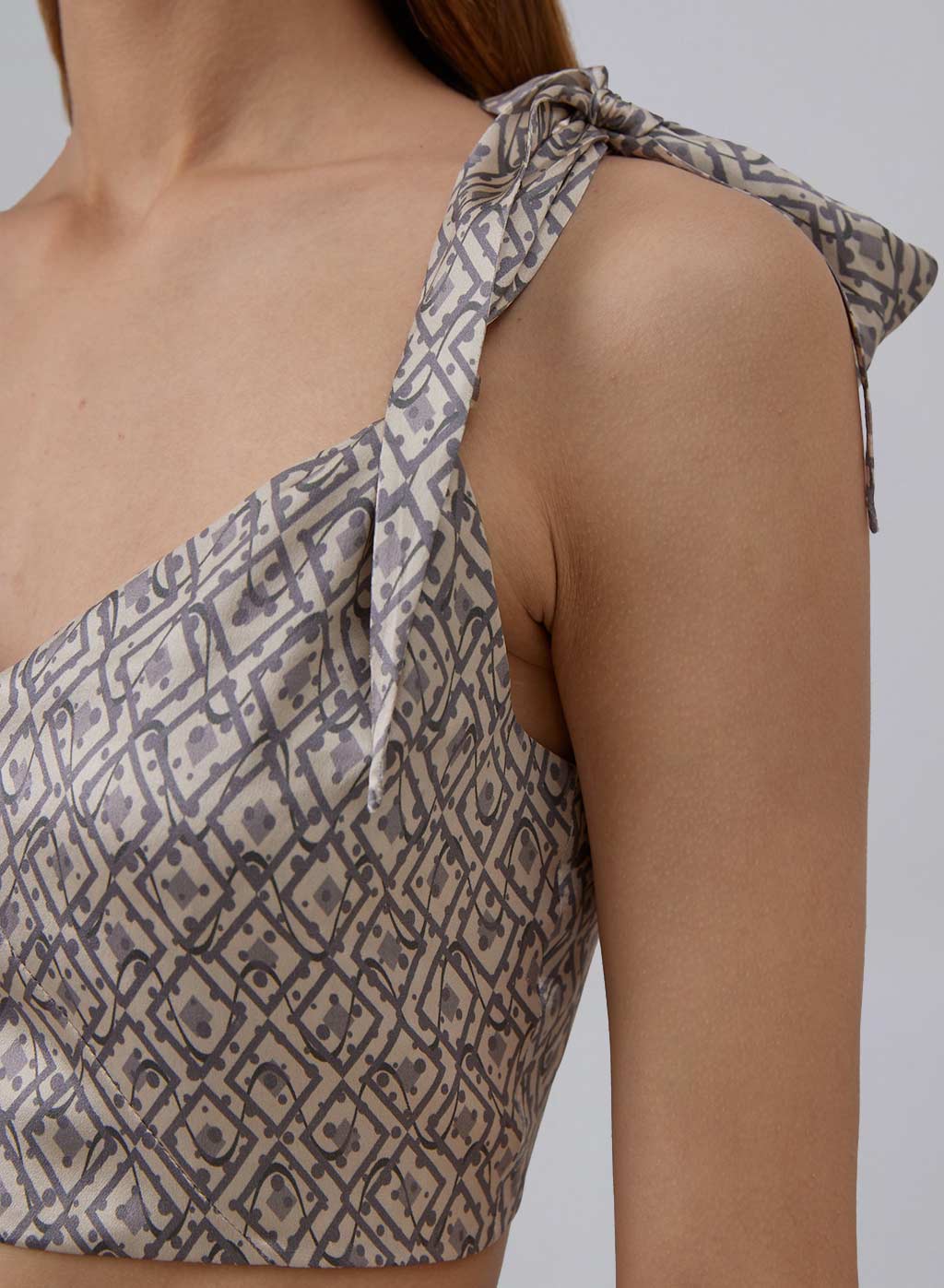 Geometric Print Tie-Strap Silk Cropped Top