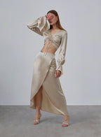 Ruched Front Long Sleeve Cropped Silk Top