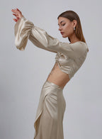 Ruched Front Long Sleeve Cropped Silk Top