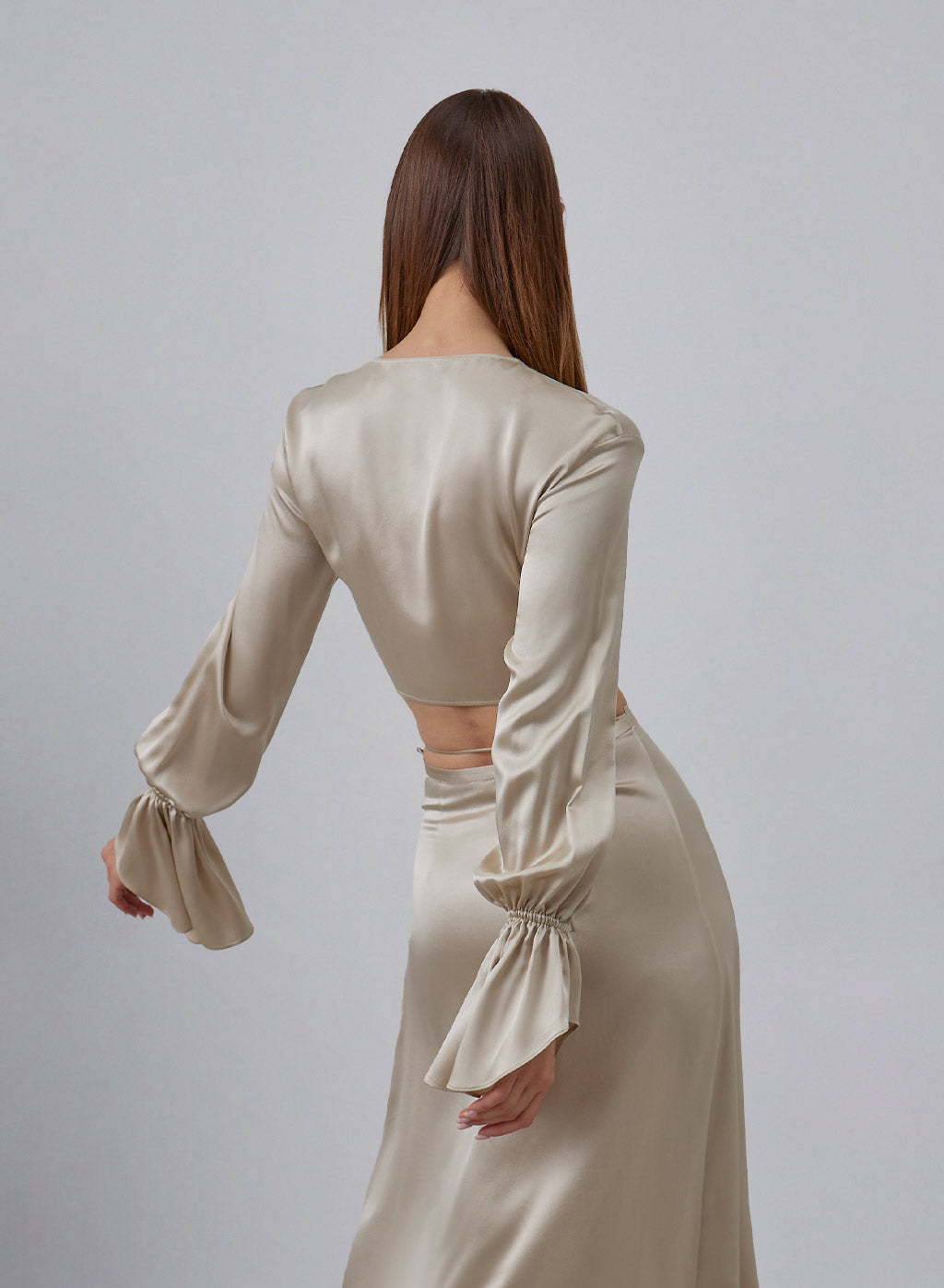 Ruched Front Long Sleeve Cropped Silk Top