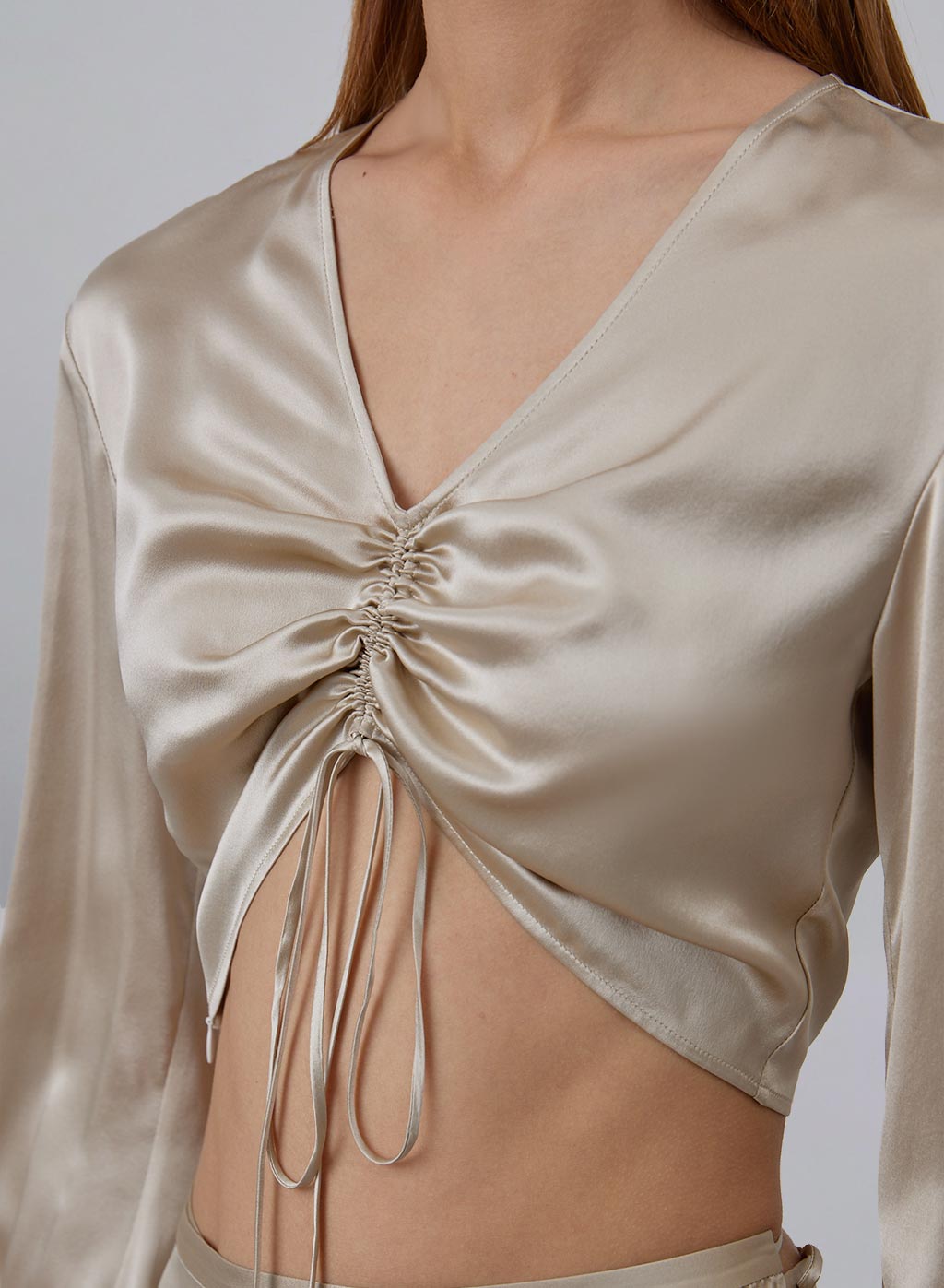 Ruched Front Long Sleeve Cropped Silk Top