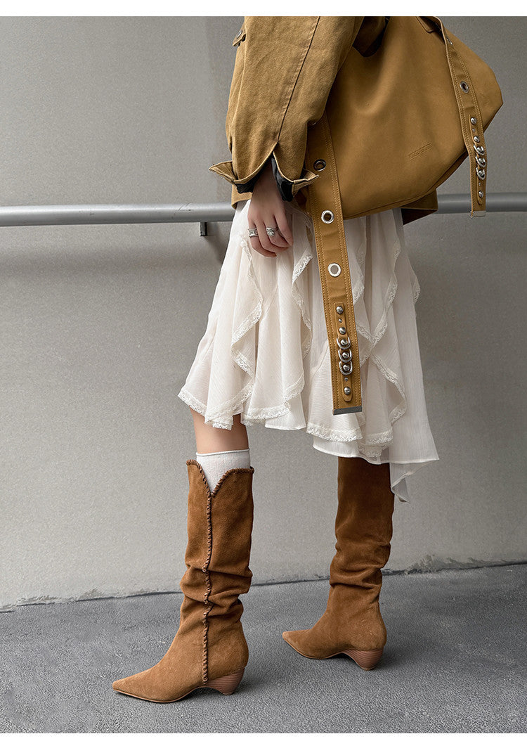 Retro Suede Western Knee - High Boots for Women