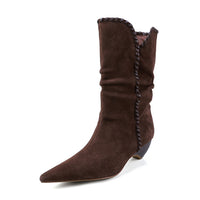 Retro Suede Mid - Calf Western Boots for Women