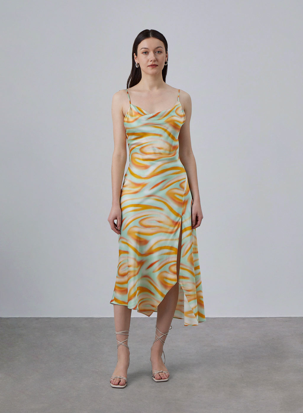 Summer Orange Draped Collar Silk Slip Dress