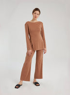Rib-knit Flare Leg Button Pants