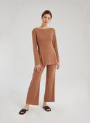 Rib-knit Flare Leg Button Pants
