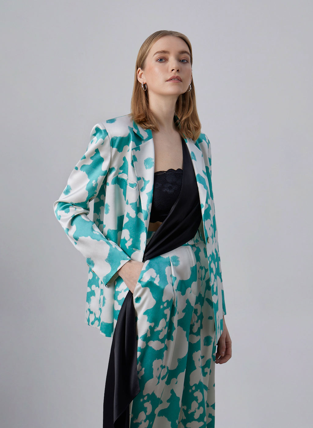 Ready to Bloom Floral Silk Blazer With Detachable Scarf