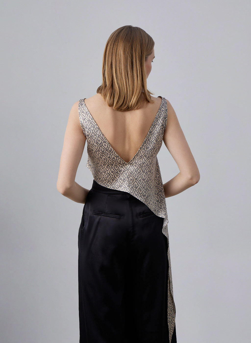 Geometric Print Asymmetrical-Hem Silk Tank Top