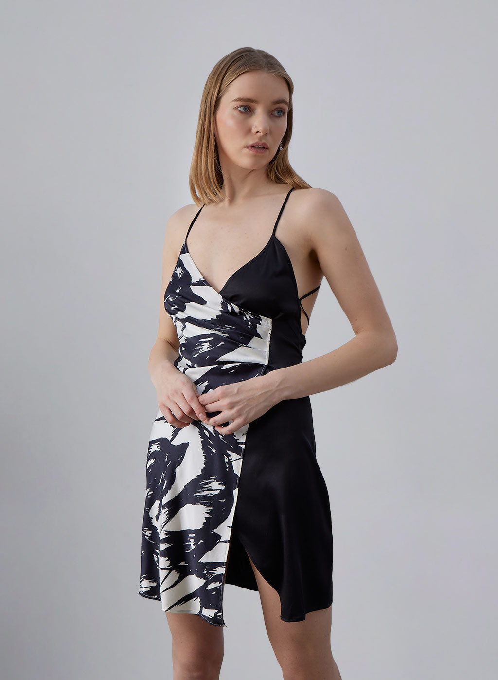 Swallow Color Contrast Silk Slip Mini Dress