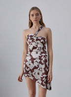 One-Shoulder Asymmetrical Floral Silk Dress