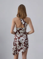 One-Shoulder Asymmetrical Floral Silk Dress