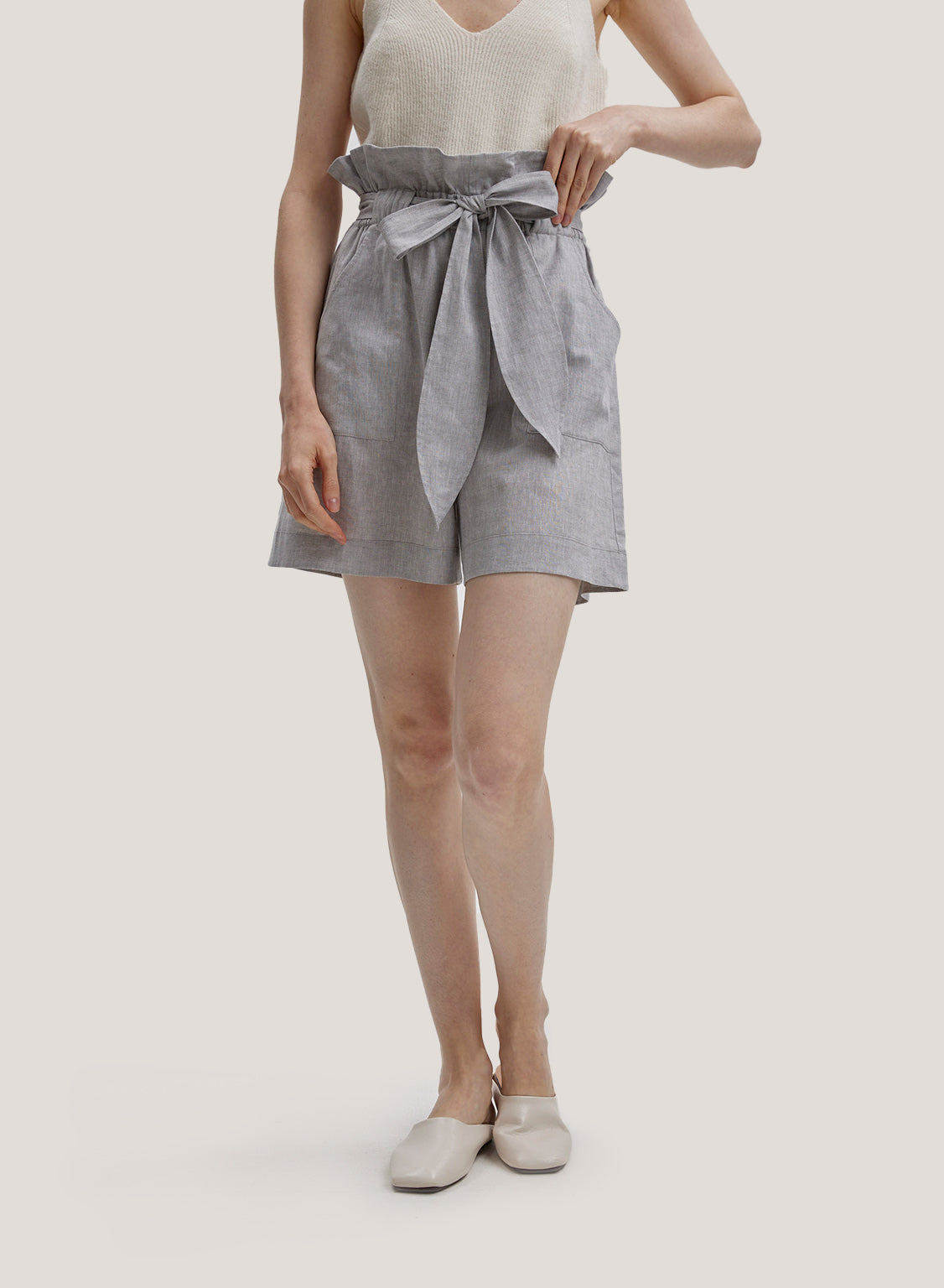 Cotton-Linen High-Waisted Paperbag Shorts