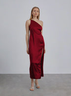 One Shoulder Side Slit Silk Dress