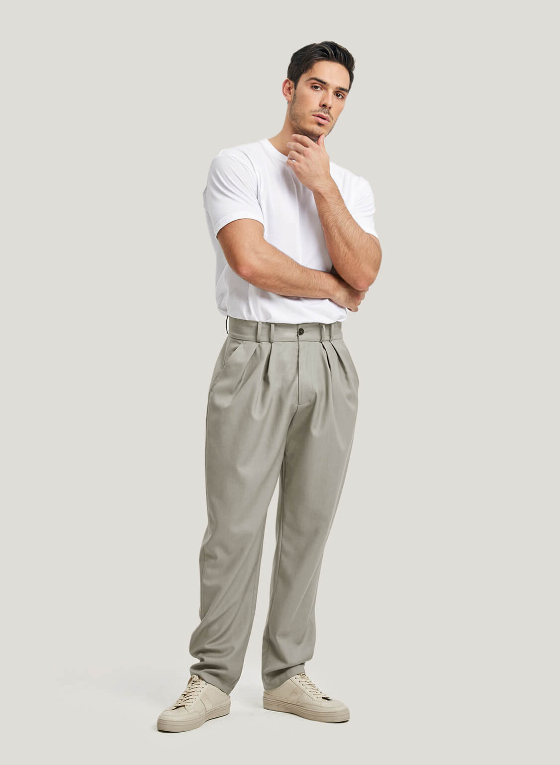 Tapered Pleated Wool Blend Trousers