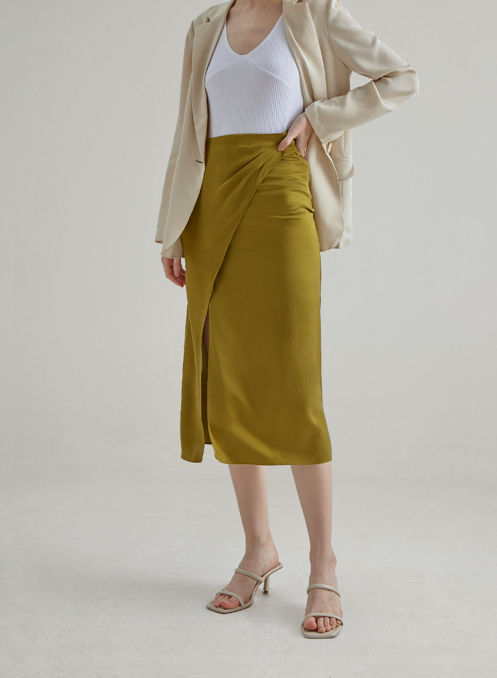 Fresh Olive Draped Silk Skirt