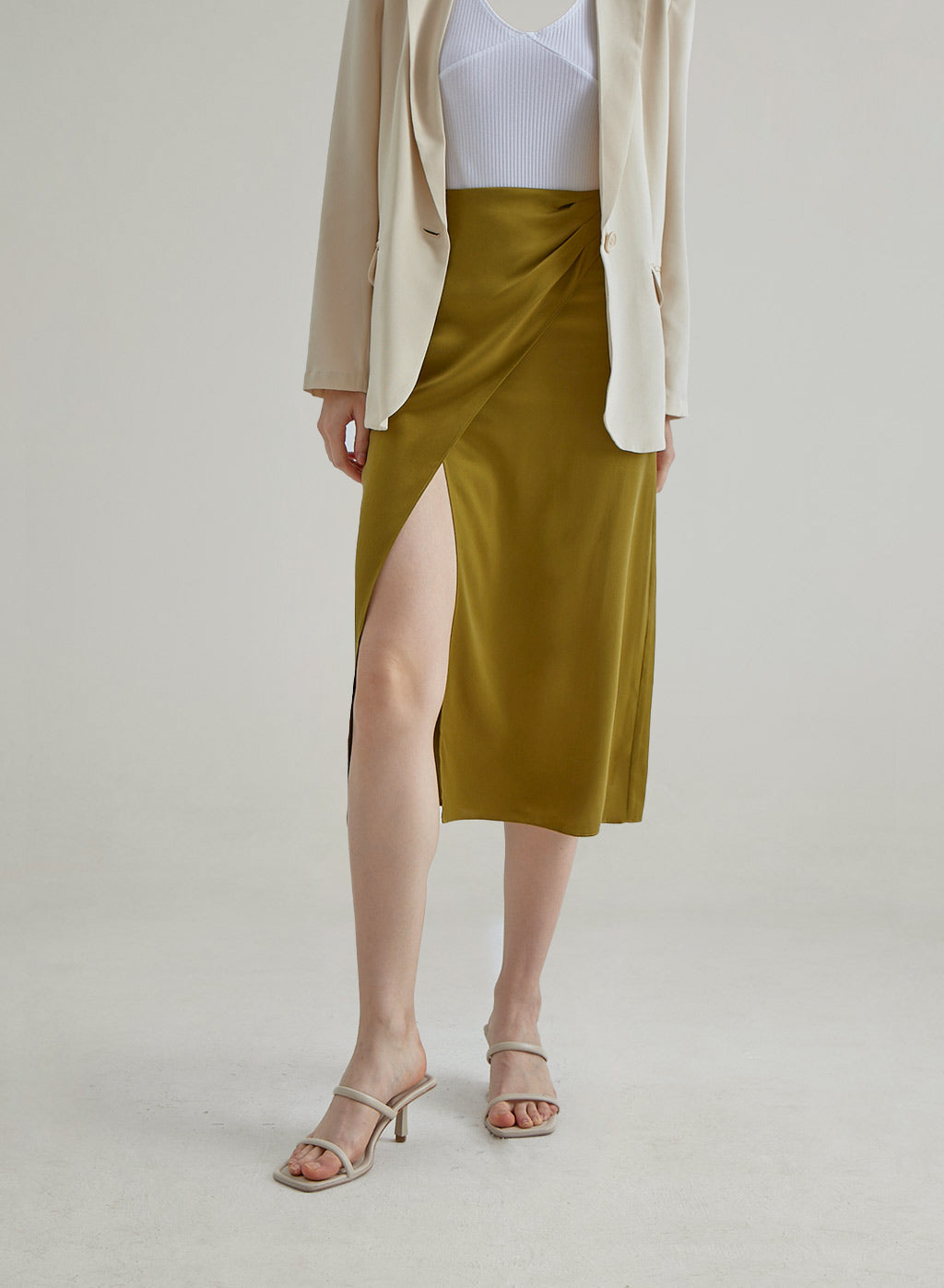 Fresh Olive Draped Silk Skirt