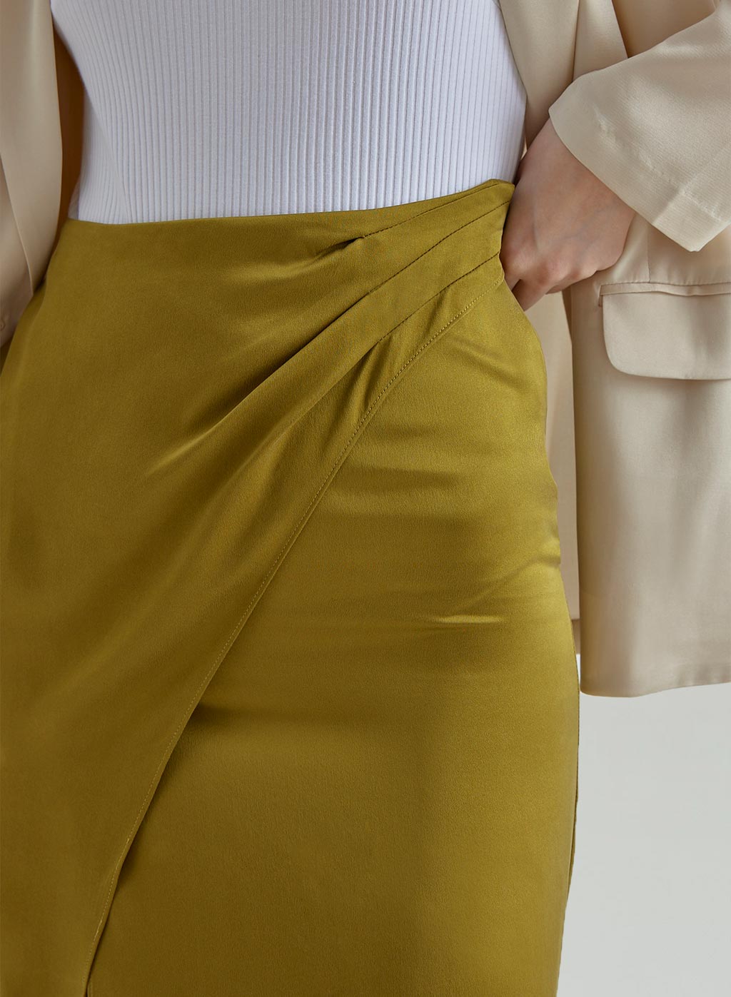 Fresh Olive Draped Silk Skirt