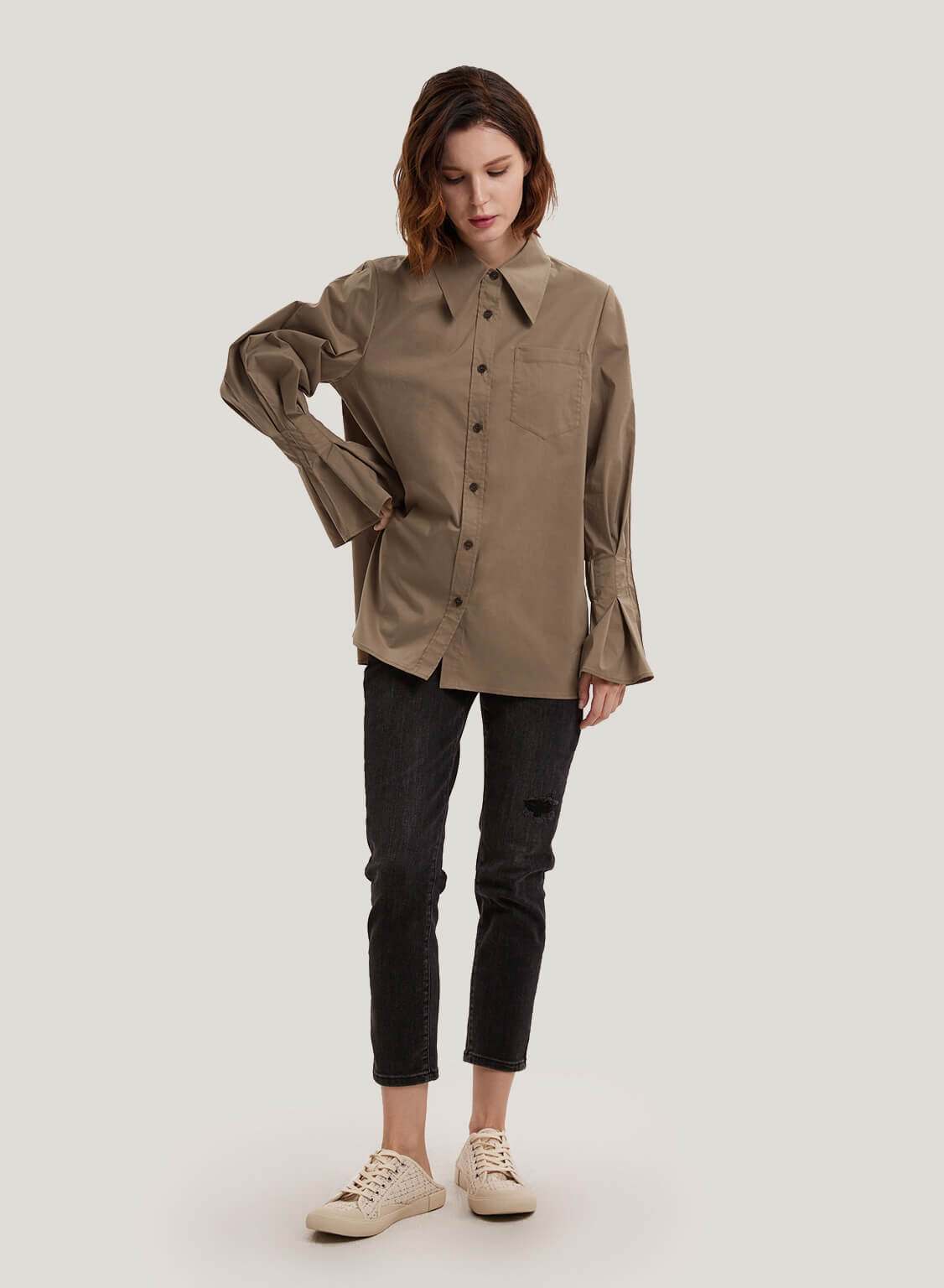 Flounce-Sleeve Tailored Cotton-Blend Top