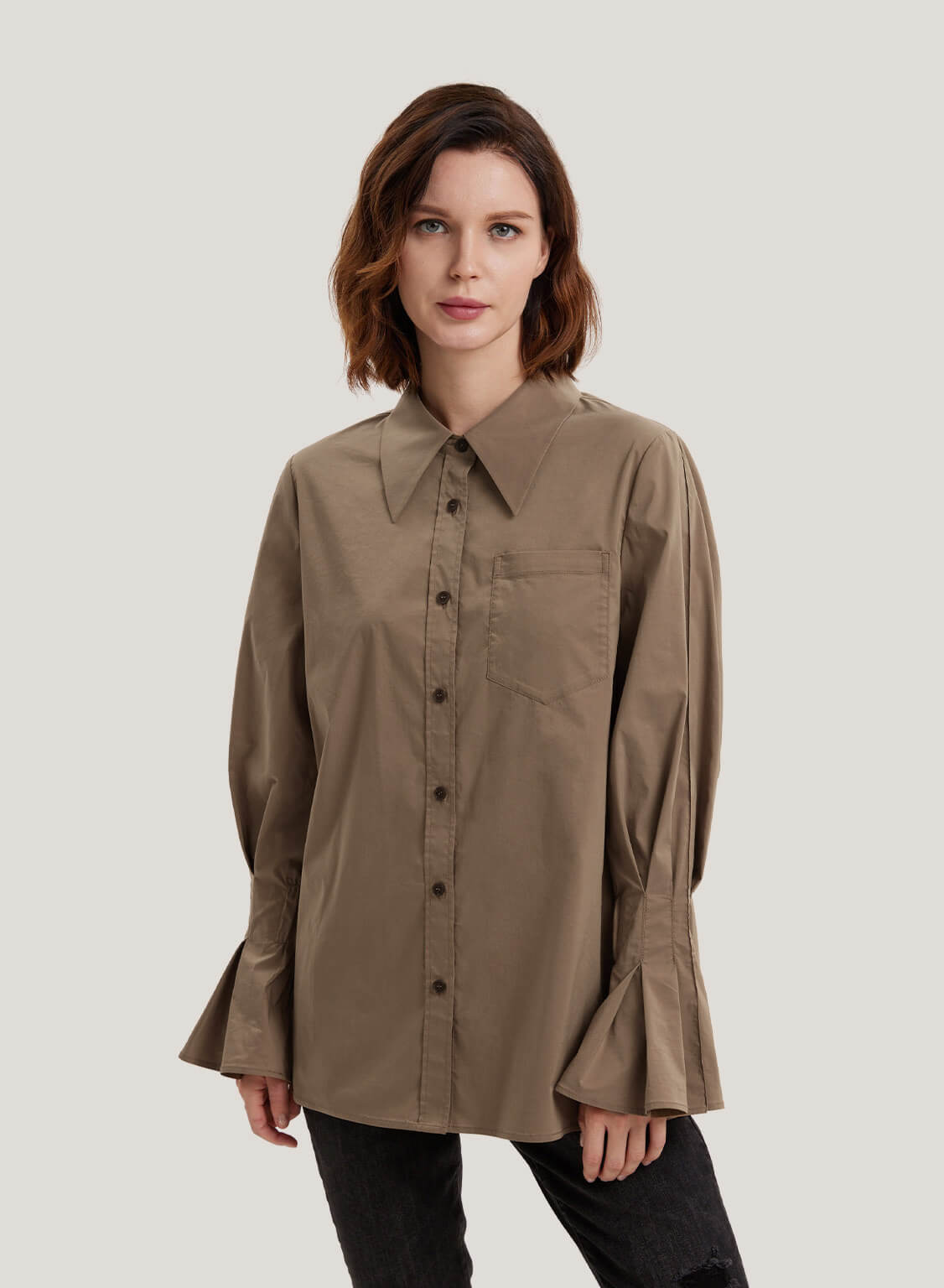 Flounce-Sleeve Tailored Cotton-Blend Top