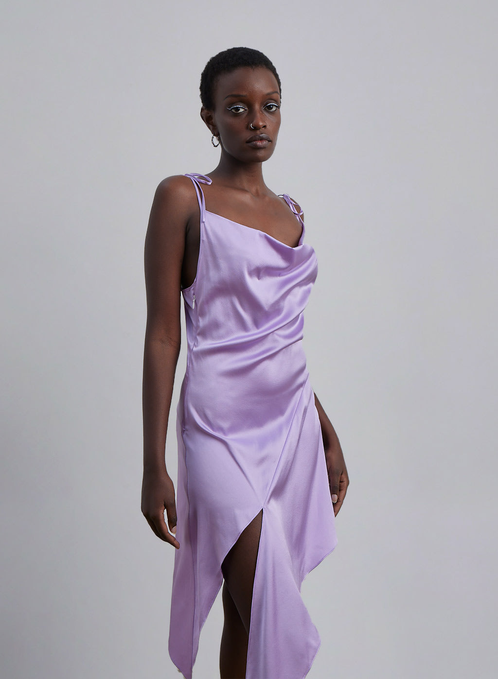 Cowl-Neck Asymmetrical-hem Silk Midi Dress