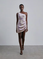 Printed Silk One-Shoulder Mini Dress