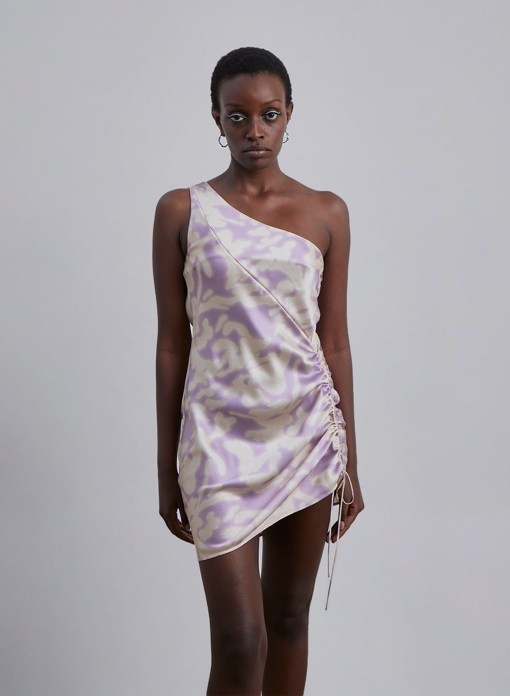 Printed Silk One-Shoulder Mini Dress