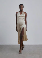 Front Slit V-neck Silk Midi Dress