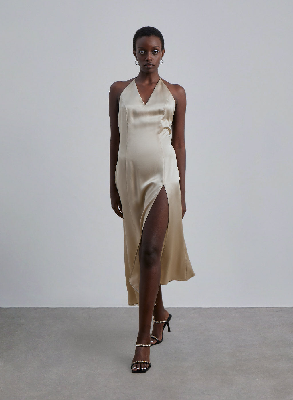 Front Slit V-neck Silk Midi Dress