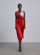 Color Block Halter Neck Silk Midi Dress