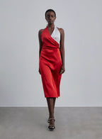 Color Block Halter Neck Silk Midi Dress